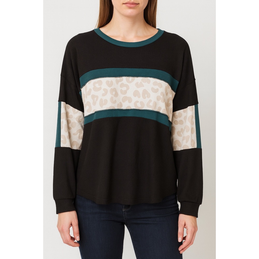 NWT Sunshine & Rodeos‎ Black Teal Leopard Waffle Knit Colorblock Tunic Top Sz 2X